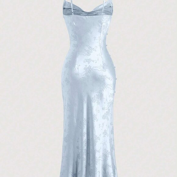 Ice Blue Satin Slip Dress Cinched Waist Split Front Floral Print Spaghetti Strap - Picture 5 of 6